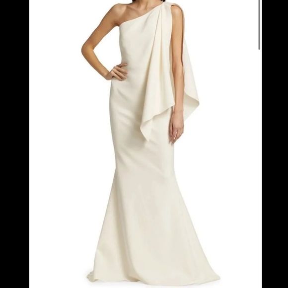 SAFIYAA Elvie Stretch Crepe Draped One-shoulder Gown In Ivory - Picture 1 of 13